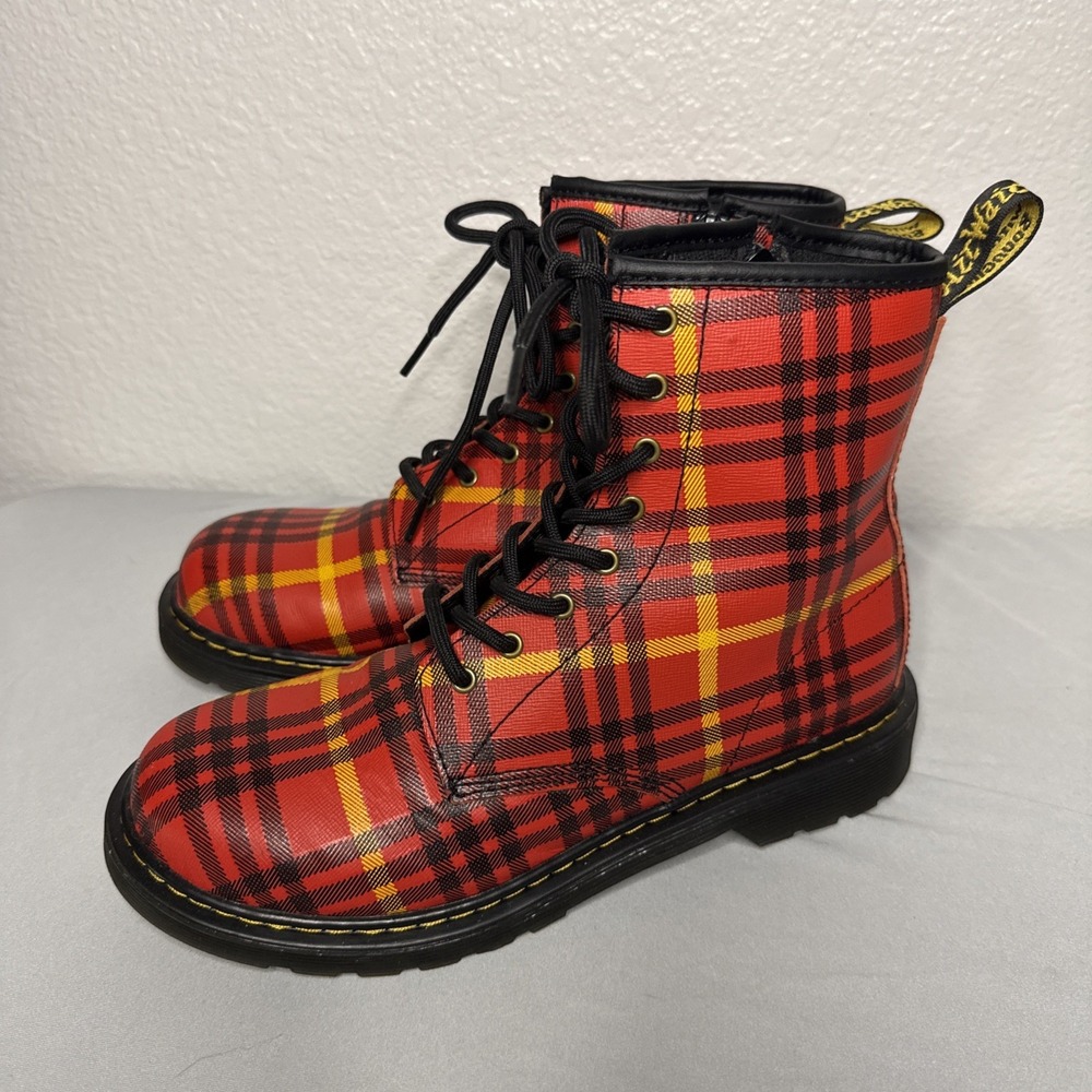 Dr Martens McMarten 1460 Womens Size 7 Red Yellow Tartan Plaid Leather Boots